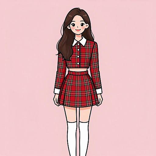 Smiling Woman in Red Plaid Outfit