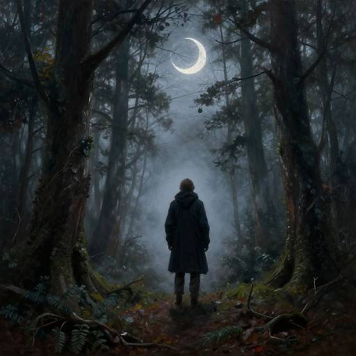 Digital artwork of a silhouetted figure in a dark coat, standing in a misty, moonlit forest with tall trees framing a crescent