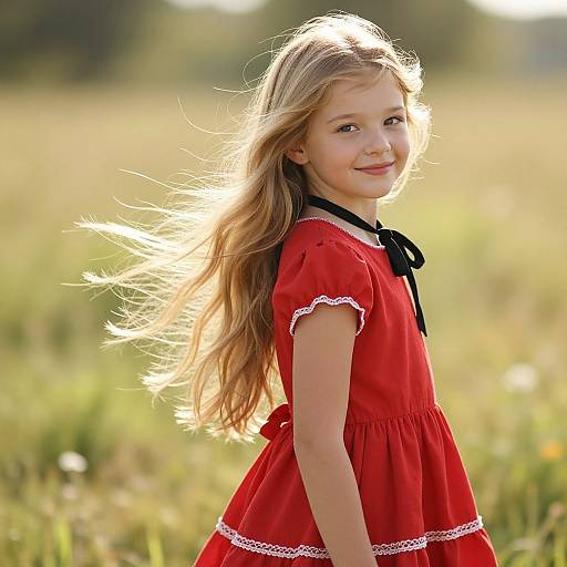 Joyful Blonde Girl in Red Dress