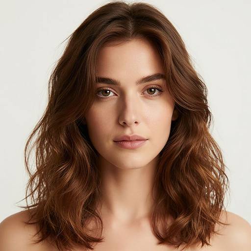 Photograph of a young woman with wavy brown hair, fair skin, and brown eyes, looking directly at the camera against a white background.