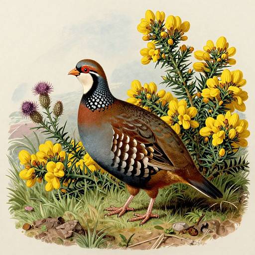 Detailed digital illustration of a quail with red face, black and white neck, brown and white striped sides, standing among vibrant yellow flowers and green grass