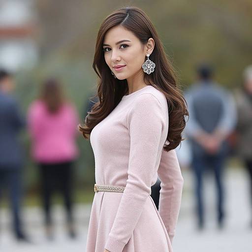 Photograph of an elegant Asian woman with long brown hair, wearing a pink dress and large floral earrings, standing outdoors in a blurred background with people.