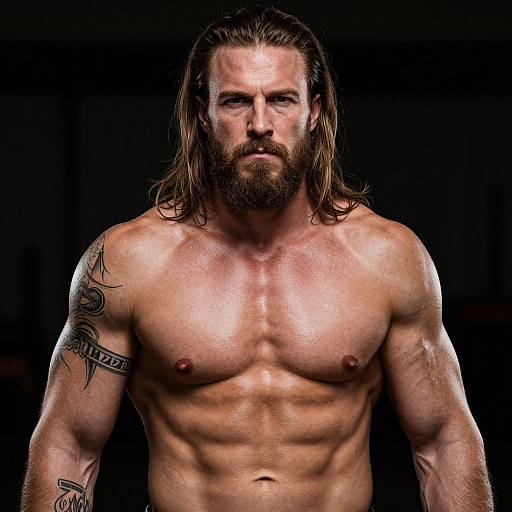 Photograph of a muscular, bearded man with long brown hair, tribal tattoos, and a defined chest, standing against a black background.