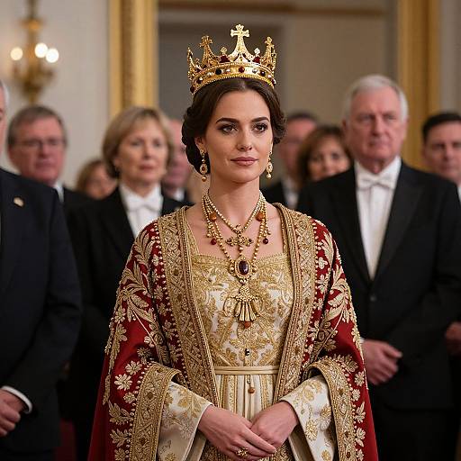 Photograph of a woman in an ornate red and gold royal gown, wearing a gold crown, necklace, and earrings, standing in a formal,