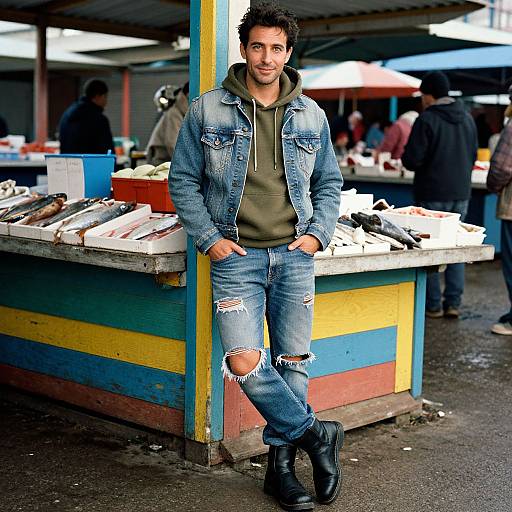 Photograph of a casually dressed young man with curly hair, wearing a denim jacket, ripped jeans, green hoodie, and black boots, leaning against a