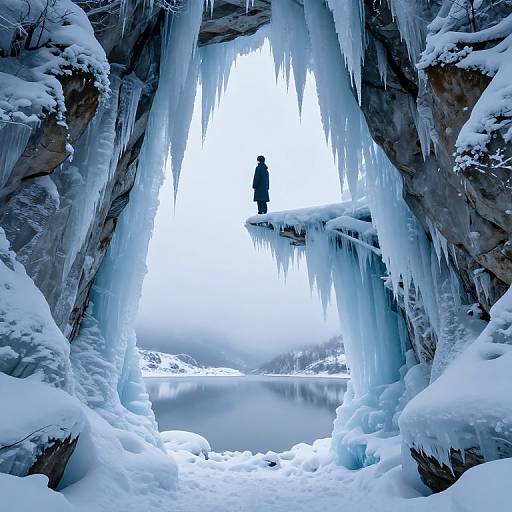 Photograph of a person standing on a snow-covered ice ledge, framed by towering icicles and icy rock formations, under a bright white sky.