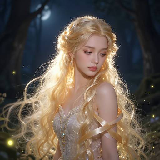 Digital art of a fair-skinned, blonde-haired fairy with glowing hair, wearing a sparkly white off-shoulder dress in a dark, enchanted