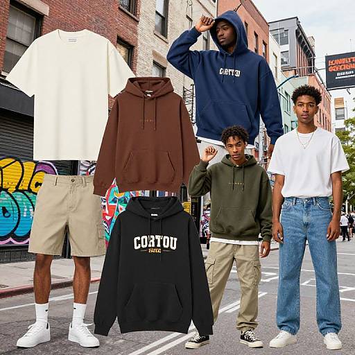 Photograph of four Black men in urban streetwear, standing on a graffiti-covered city street, showcasing hoodies and casual attire.