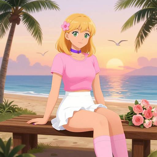 Young Woman Sitting by Beach Sunset