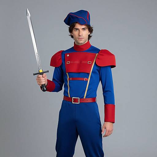 Photograph of a man in a blue and red military-style uniform, holding a sword, with a blue hat, against a gray background.