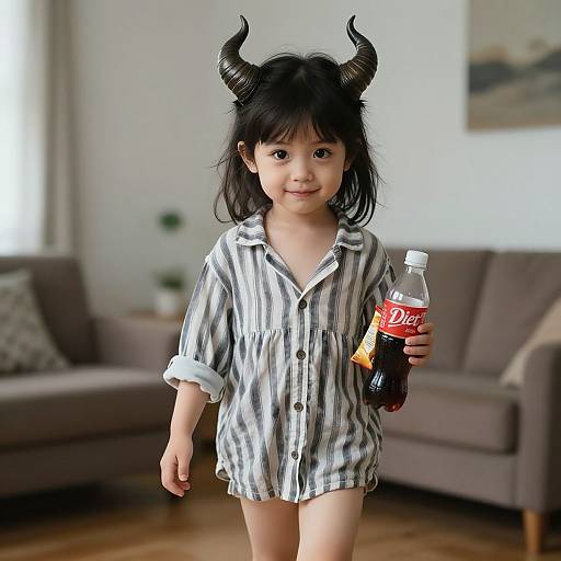 Photograph of an Asian toddler with black horns, wearing a striped shirt, holding a Diet Coke bottle, standing in a living room.