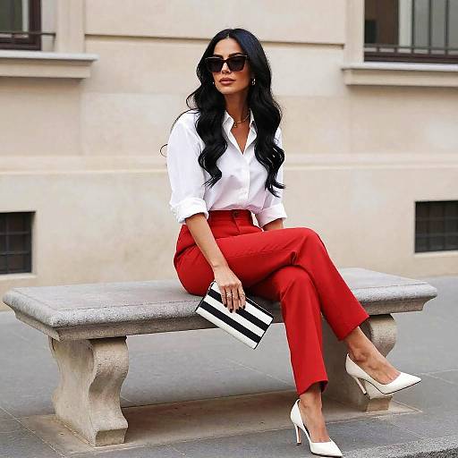 Chic Woman on Stone Bench