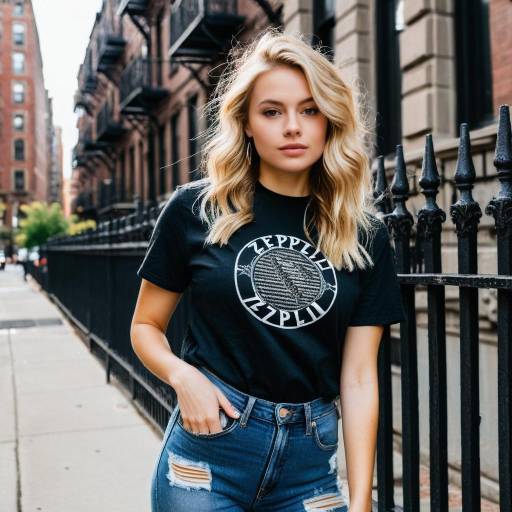Blonde Woman Wearing Led Zeppelin T-Shirt in Urban Setting