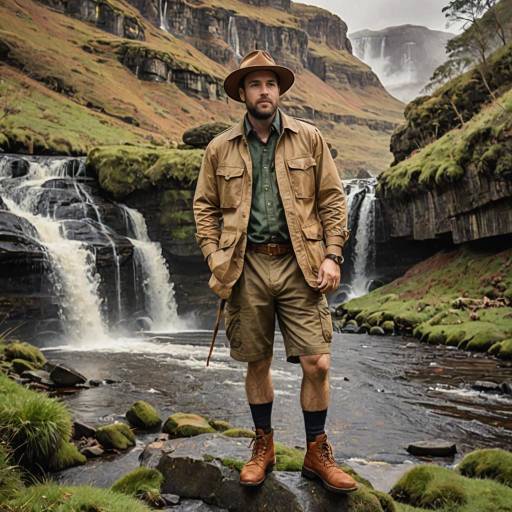 Man in Safari Outfit by Waterfall