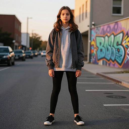Photograph of a teenage girl with long brown hair, wearing a gray hoodie, black jacket, black pants, and black sneakers, standing in an urban