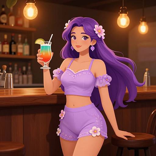 Digital anime-style artwork of a purple-haired woman in lavender crop top and shorts, holding a colorful drink, in a warm bar.