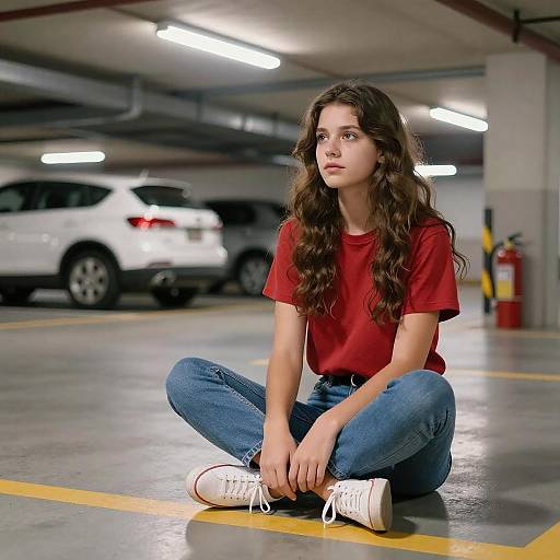 Young Woman Sitting in Parking Garage