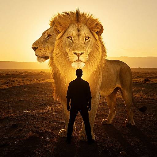 Photograph of a silhouetted man standing between two large, majestic lions with golden sunsets in the background, creating a powerful, dramatic scene