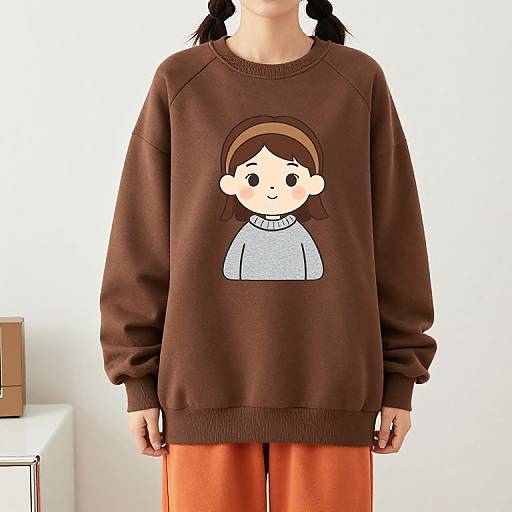 Photograph of an Asian woman wearing a brown sweatshirt with a cartoon girl graphic, orange pants, white background, and black pigtails.
