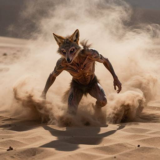 Digital artwork of a muscular, anthropomorphic wolf creature with dark fur, glowing eyes, and sharp claws, emerging from swirling sand in a desert. Bright