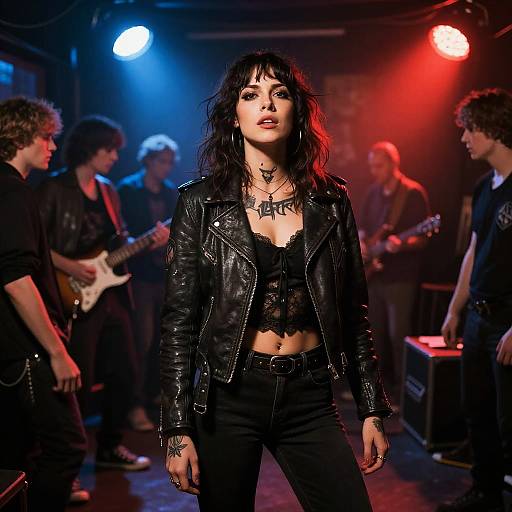 Photograph of a confident, black-haired woman in a black leather jacket and lace top, standing center-stage under blue and red lights, surrounded by musicians