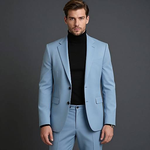 Photograph of a handsome, light-skinned man with short brown hair, wearing a light blue suit, black turtleneck, and standing against a