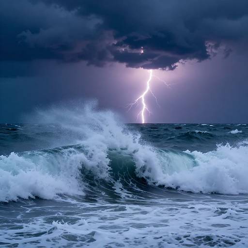 Photograph of a dramatic stormy ocean scene: dark, stormy clouds with a bright, jagged lightning bolt striking into the turbulent, white-c