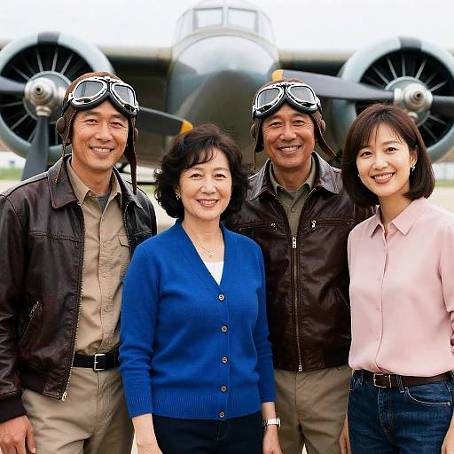 Group of People Posing by Vintage Airplane