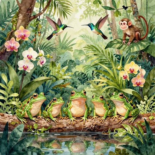 Vibrant digital painting of a lush jungle scene: green frogs on a log, hummingbird flying, monkey in tree, pink orchids, and