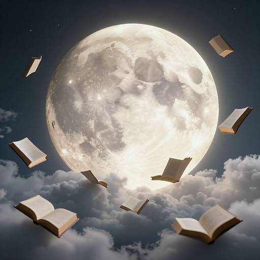 Photograph of a bright, full moon surrounded by floating open books against a dark, cloudy night sky.