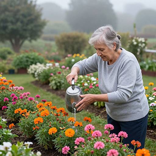 Photograph of an elderly woman with gray hair, wearing a gray sweater, watering vibrant orange and pink flowers in a lush garden.