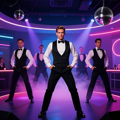 Photograph of five male dancers in black vests, white shirts, and bow ties, standing confidently with hands in pockets, under neon pink and purple lights