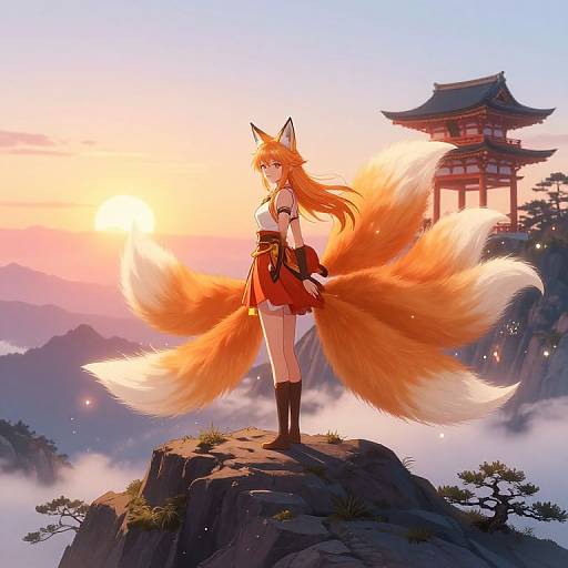 Digital anime artwork of a fox-girl with orange fur and nine tails, standing on a rock at sunset, near a traditional Japanese shrine.