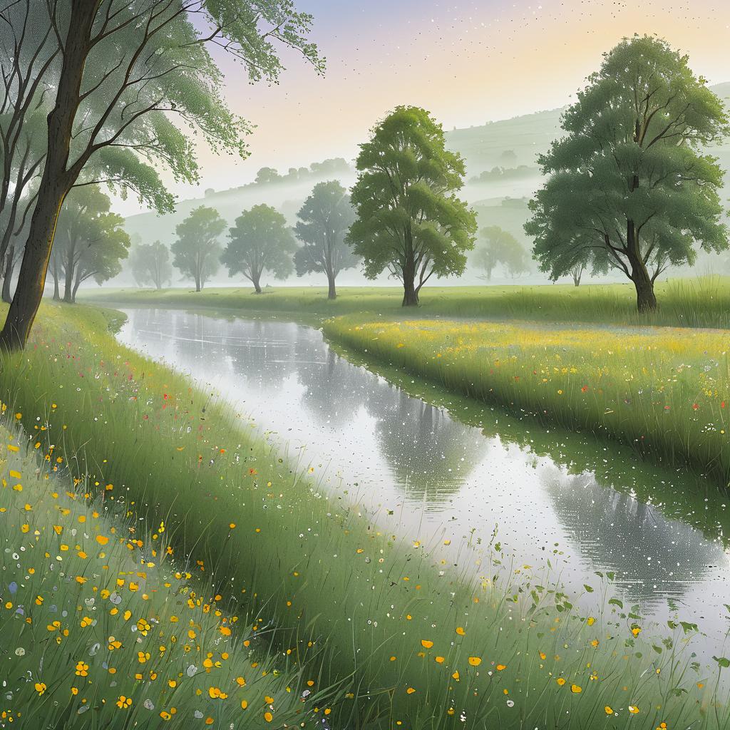 Serene Riverbank with Morning Mist