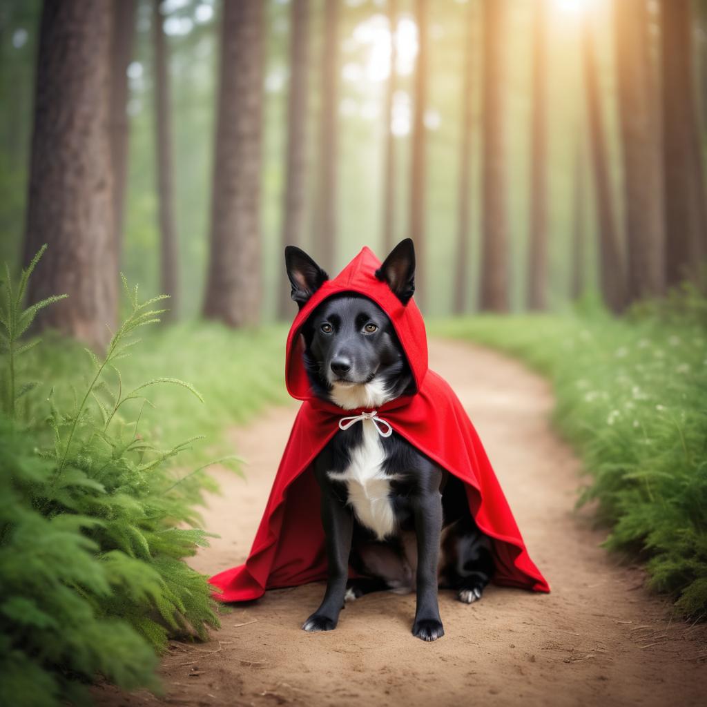 Whimsical Dog in Little Red Riding Hood