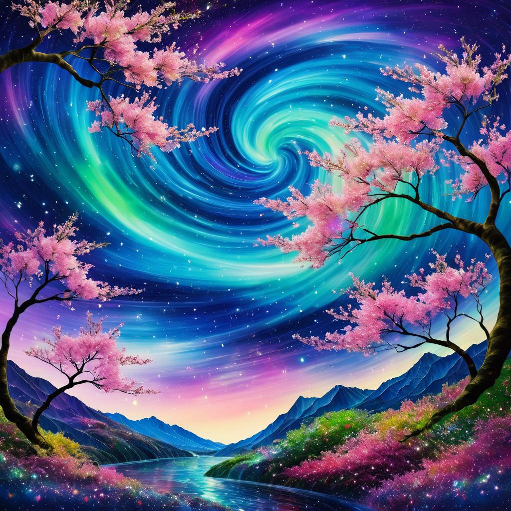 Vibrant Cosmic Cherry Blossom Art