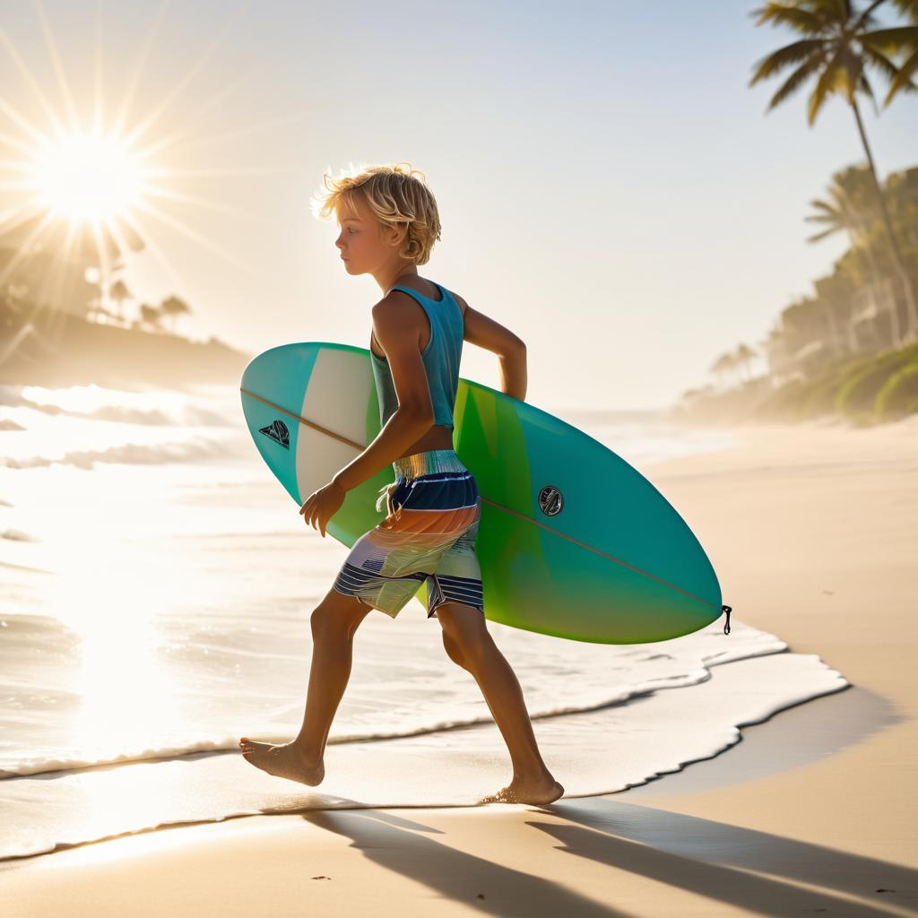 Boy Surfing at Sunrise on the Beach