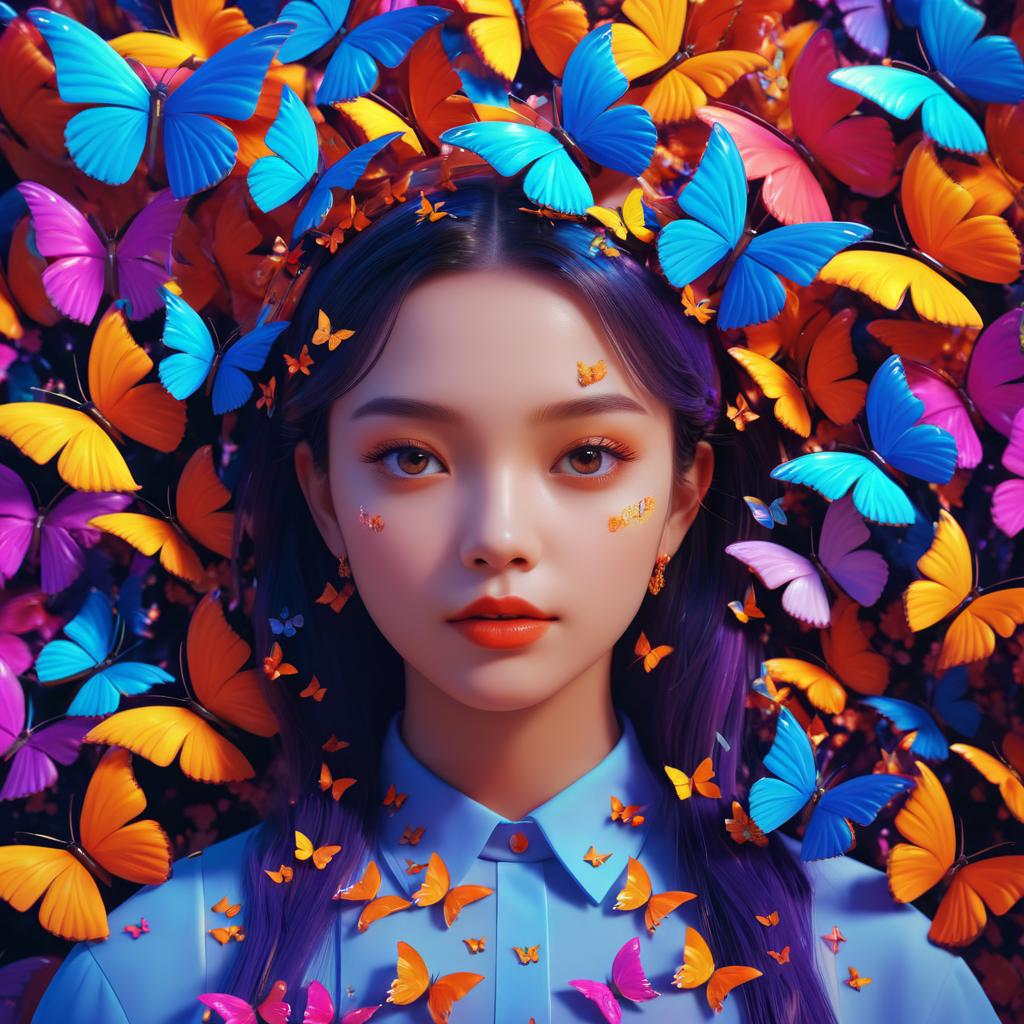 Vibrant Portrait of Girl with Butterflies