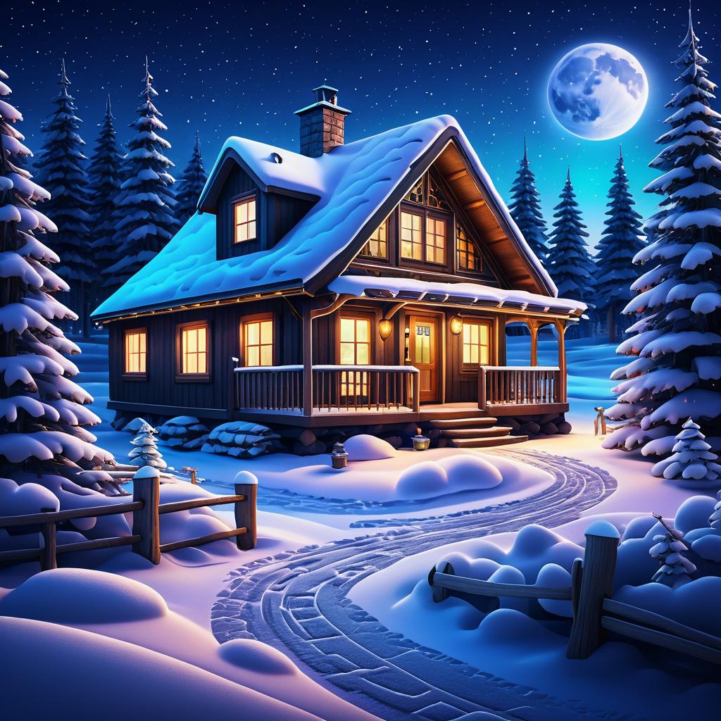 Cozy Winter Cabin with Snowman Under Stars