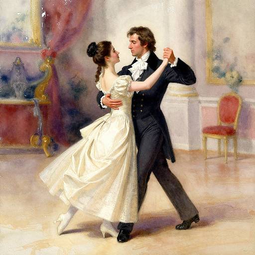 Romantic ballroom painting of a couple dancing; woman in white dress, man in black tuxedo, elegant room with red chair and framed painting
