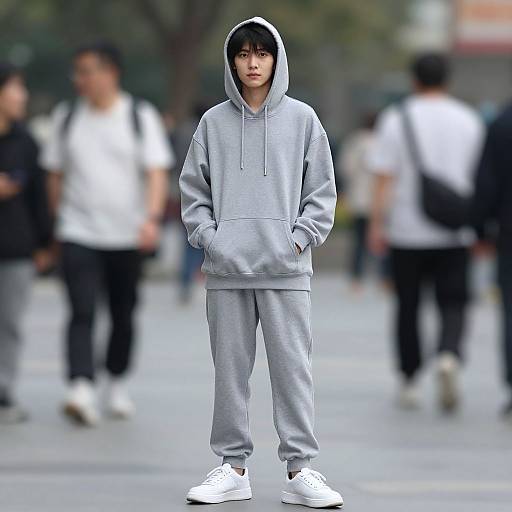 Photograph of an Asian male in a gray hoodie and sweatpants, white sneakers, standing in a blurred urban street with people in the background.
