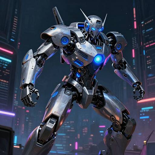 Digital CGI of a futuristic silver robot with blue glowing eyes and chest, standing in a neon-lit, cyberpunk cityscape.