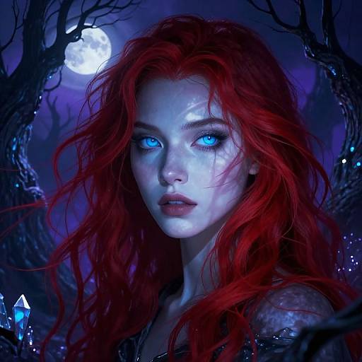 Digital artwork of a pale, blue-eyed woman with fiery red hair, glowing under a full moon in a dark, enchanted forest.