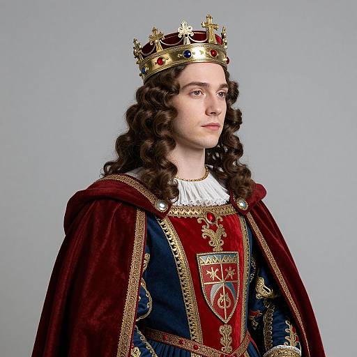 Photograph of a young Caucasian man with long, curly brown hair, wearing a gold and red crown, richly embroidered royal robe, and white r