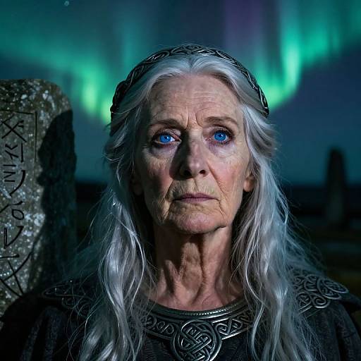 Photograph of an elderly woman with long white hair, blue eyes, and intricate silver headband, illuminated by green aurora lights, wearing a pattern