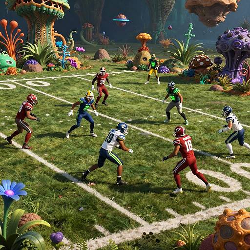 Digital artwork of a vibrant, surreal football game on a grassy field surrounded by colorful, alien-like plants and fungi in a fantasy forest. Six players