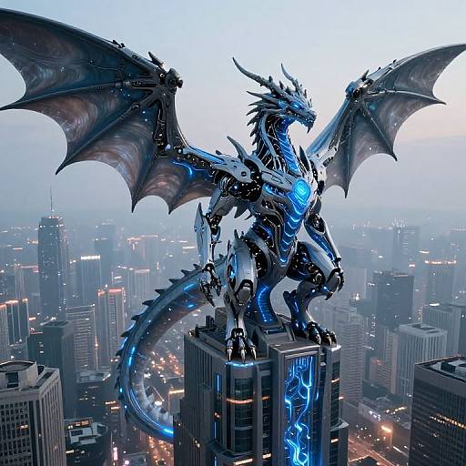 Digital artwork of a majestic, blue and black bioluminescent dragon with large wings, perched on a skyscraper in a futuristic cityscape at