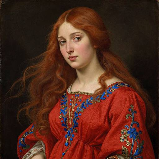 Photorealistic portrait of a fair-skinned woman with long, wavy red hair, wearing a red dress with blue and gold floral embroidery, against