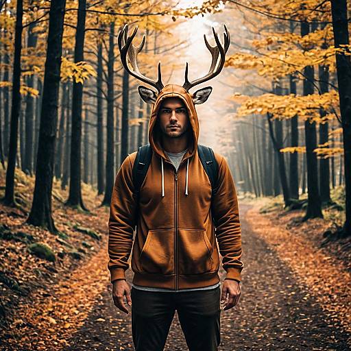 Man Wearing Deer Antler Costume in Autumn Forest
