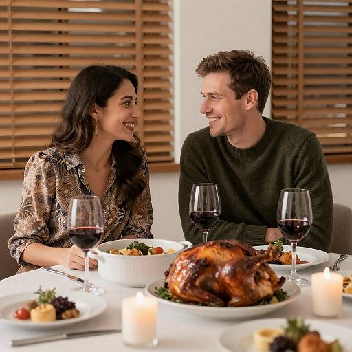 Couple Enjoying Dinner with Roasted Turkey and Wine